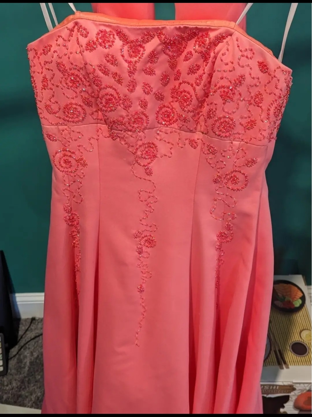 Cache Coral Strapless Beaded Prom Dress